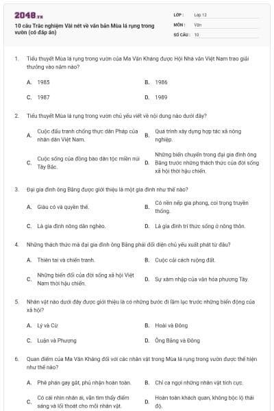 10 câu Trắc nghiệm Vài nét về văn bản Mùa lá rụng trong vườn (có đáp án)