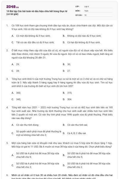 10 Bài tập Các bài toán về dấu hiệu chia hết trong thực tế (có lời giải)