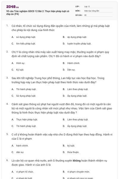 95 câu Trắc nghiệm GDCD 12 Bài 2: Thực hiện pháp luật có đáp án (P4)