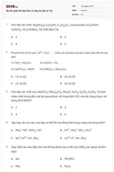 Bộ đề luyện thi Hóa Học có đáp án (Đề số 16)