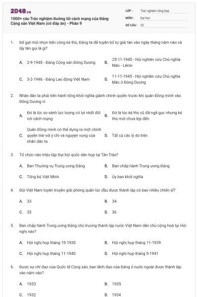 1000+ câu Trắc nghiệm Đường lối cách mạng của Đảng Cộng sản Việt Nam (có đáp án) - Phần 9