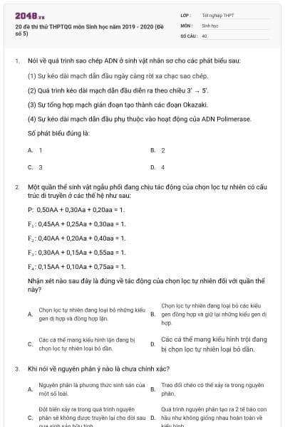20 đề thi thử THPTQG môn Sinh học năm 2019 - 2020 (Đề số 5)