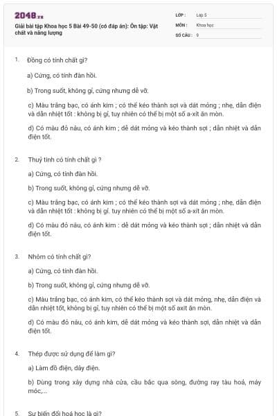 Giải bài tập Khoa học 5 Bài 49-50 (có đáp án): Ôn tập: Vật chất và năng lượng