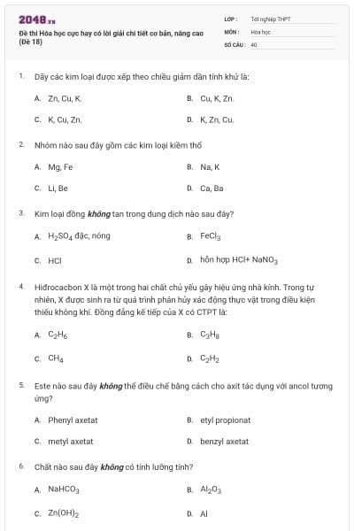 Đề thi Hóa học cực hay có lời giải chi tiết cơ bản, nâng cao (Đề 18)