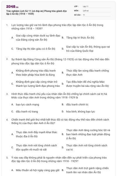 Trắc nghiệm Lịch Sử 11 (có đáp án) Phong trào giành độc lập ở Ấn Độ (1918 – 1939)