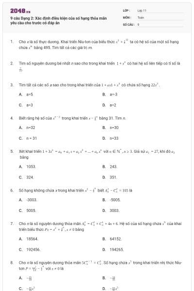 9 câu Dạng 2: Xác định điều kiện của số hạng thỏa mãn yêu cầu cho trước có đáp án