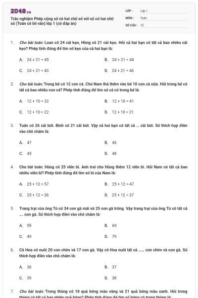 Trắc nghiệm Phép cộng số có hai chữ số với số có hai chữ số (Toán có lời văn) lóp 1 (có đáp án)