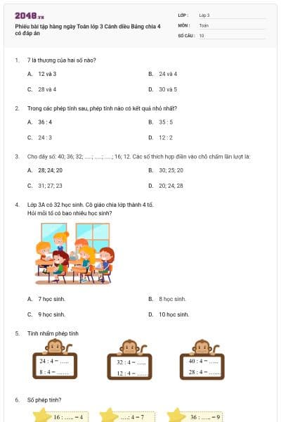 Phiếu bài tập hàng ngày Toán lớp 3 Cánh diều Bảng chia 4 có đáp án