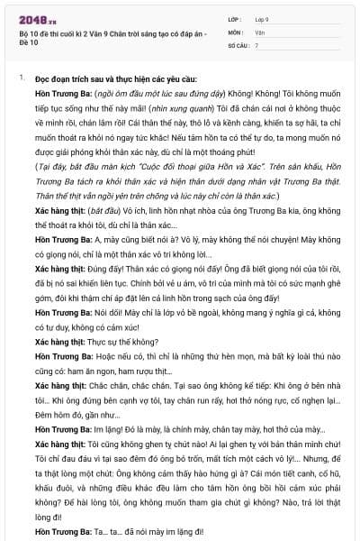 Bộ 10 đề thi cuối kì 2 Văn 9 Chân trời sáng tạo có đáp án - Đề 10
