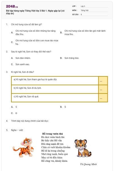Bài tập hàng ngày Tiếng Việt lớp 3 Bài 1. Ngày gặp lại (có đáp án)