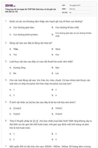 Tổng hợp đề ôn luyện thi THPTQG Sinh Học có lời giải chi tiết (Đề số 19)