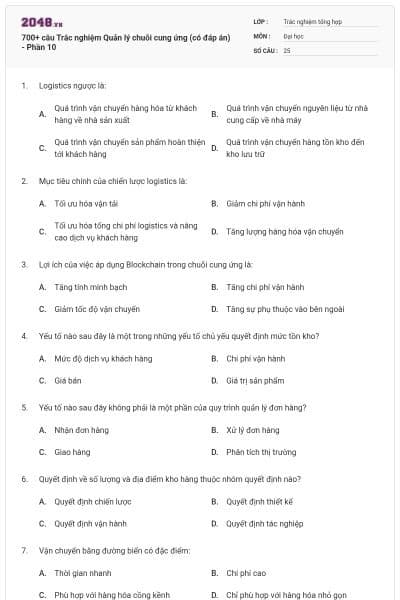 700+ câu Trắc nghiệm Quản lý chuỗi cung ứng (có đáp án) - Phần 10