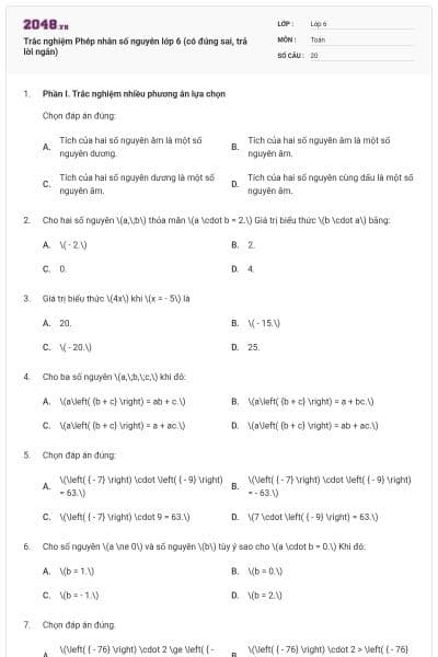 Trắc nghiệm Phép nhân số nguyên lớp 6 (có đúng sai, trả lời ngắn)