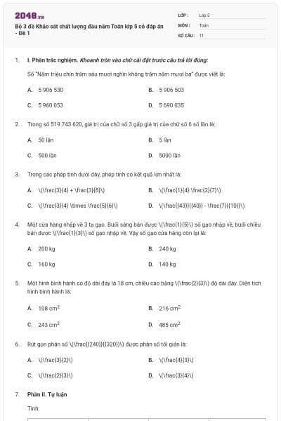 Bộ 3 đề Khảo sát chất lượng đầu năm Toán lớp 5 có đáp án - Đề 1