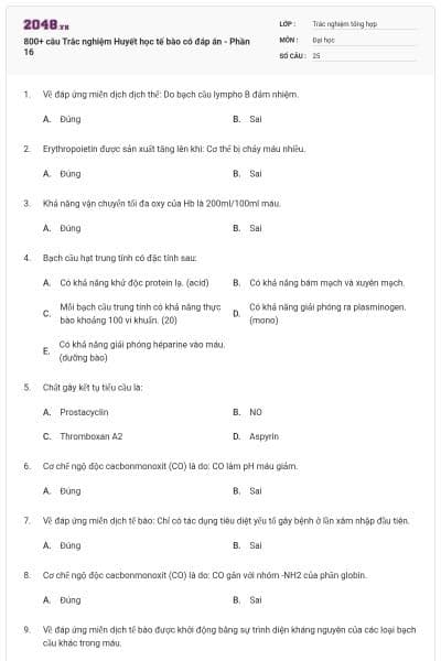 800+ câu Trắc nghiệm Huyết học tế bào có đáp án - Phần 16