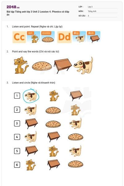Bài tập Tiếng anh lớp 3 Unit 2 Lession 4. Phonics có đáp án