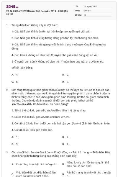 20 đề thi thử THPTQG môn Sinh học năm 2019 - 2020 (Đề số 19)