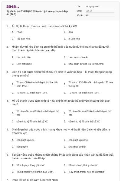 Bộ đề thi thử THPTQG 2019 môn Lịch sử cực hay có đáp án (đề 3)