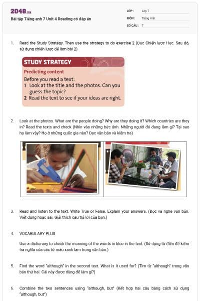 Bài tập Tiếng anh 7 Unit 4 Reading có đáp án