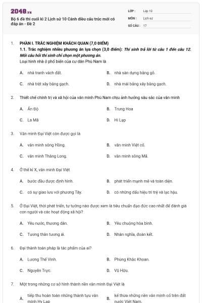 Bộ 6 đề thi cuối kì 2 Lịch sử 10 Cánh diều cấu trúc mới có đáp án - Đề 2