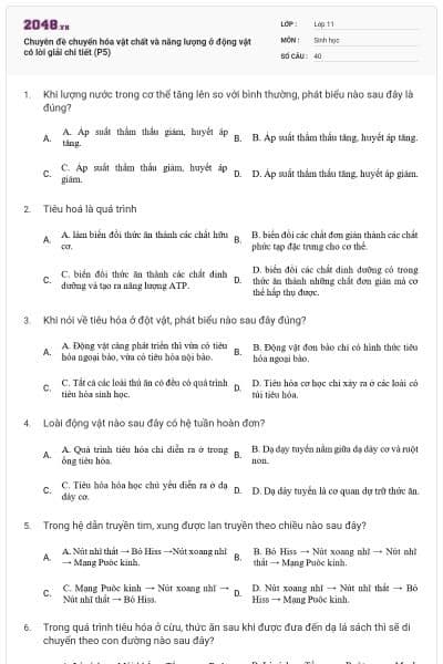 Chuyên đề chuyển hóa vật chất và năng lượng ở động vật có lời giải chi tiết (P5)