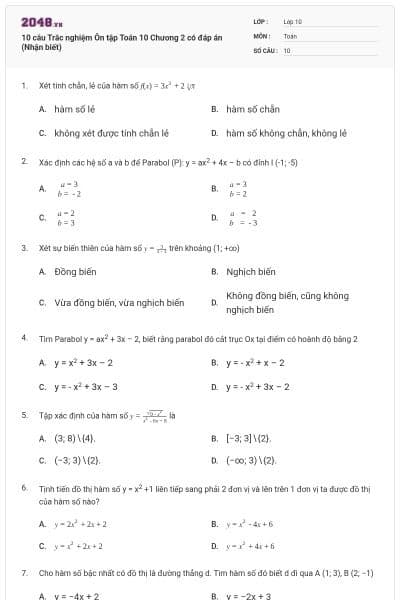 10 câu  Trắc nghiệm Ôn tập Toán 10 Chương 2 có đáp án (Nhận biết)