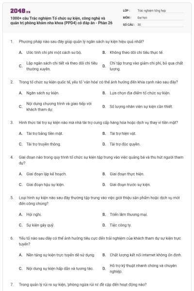 1000+ câu Trắc nghiệm Tổ chức sự kiện, công nghệ và quản trị phòng khám nha khoa (PPD4) có đáp án - Phần 26