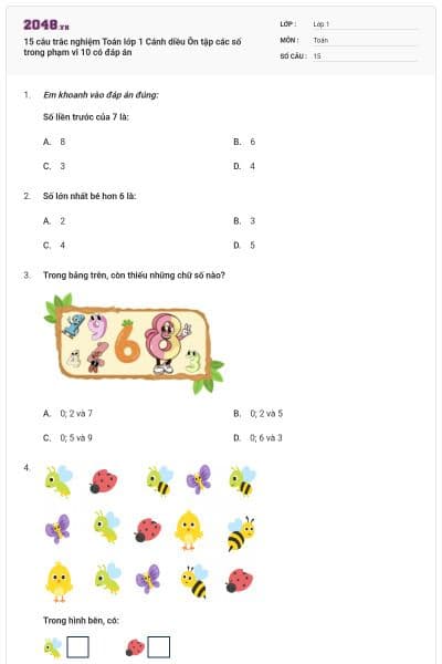 15 câu trắc nghiệm Toán lớp 1 Cánh diều Ôn tập các số trong phạm vi 10 có đáp án