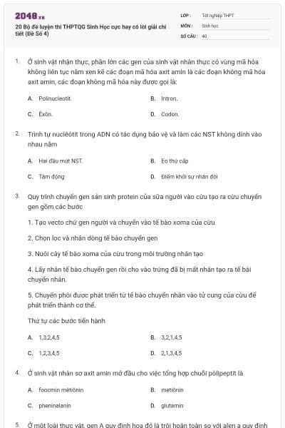20 Bộ đề luyện thi THPTQG Sinh Học cực hay có lời giải chi tiết (Đề Số 4)