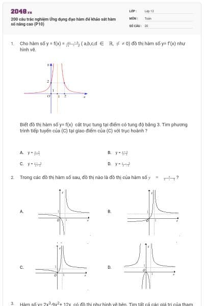 200 câu trắc nghiệm Ứng dụng đạo hàm để khảo sát hàm số nâng cao (P10)