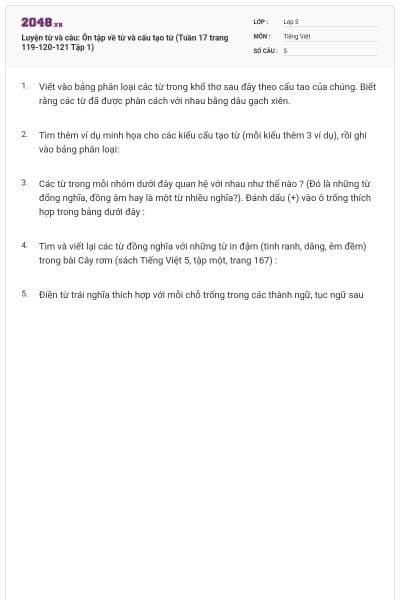 Luyện từ và câu: Ôn tập về từ và cấu tạo từ (Tuần 17 trang 119-120-121 Tập 1)