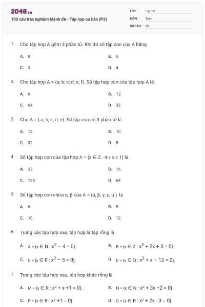 100 câu trắc nghiệm Mệnh đề - Tập hợp cơ bản (P3)