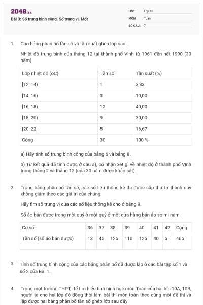 Bài 3: Số trung bình cộng. Số trung vị. Mốt