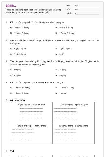Phiếu bài tập hàng ngày Toán lớp 5 Cánh diều Bài 69. Cộng số đo thời gian, trừ số đo thời gian (có lời giải)