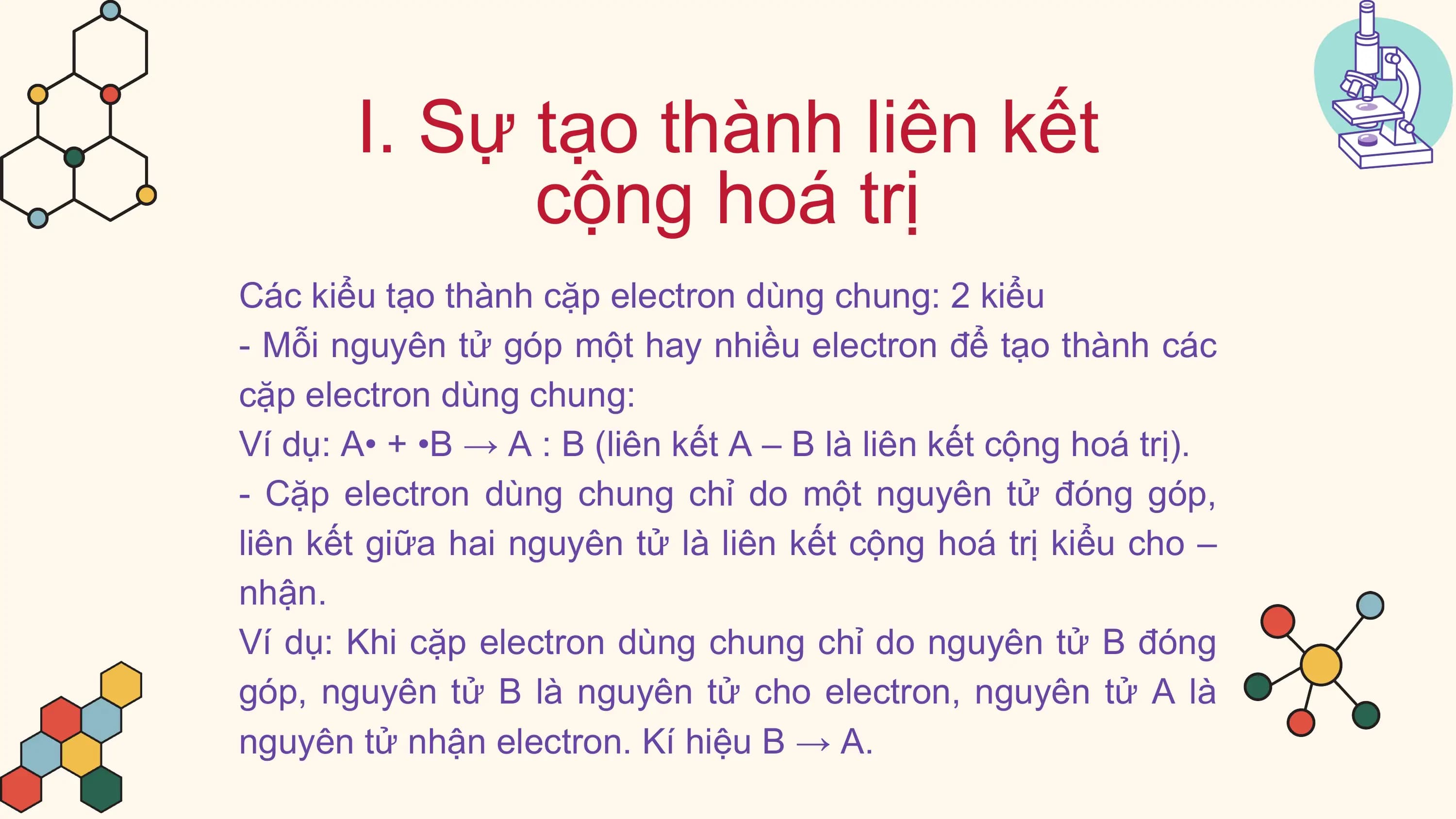 I. Sự tạo thành liên kết
 cộng hoá trị
Các kiểu tạo thành cặp electron dùng chung: 2 kiểu
- Mỗi nguyên tử góp một hay nhiều electron để tạo thành các
cặp electron dùng chung:
Ví dụ: A• + •B → A : B (liên kết A – B là liên kết cộng hoá trị).
- Cặp electron dùng chung chỉ do một nguyên tử đóng góp,
liên kết giữa hai nguyên tử là liên kết cộng hoá trị kiểu cho –
nhận.
Ví dụ: Khi cặp electron dùng chung chỉ do nguyên tử B đóng
góp, nguyên tử B là nguyên tử cho electron, nguyên tử A là
nguyên tử nhận electron. Kí hiệu B → A.