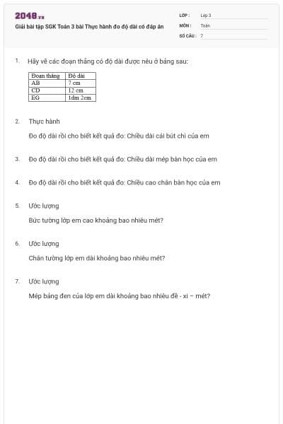 Giải bài tập SGK Toán 3 bài Thực hành đo độ dài có đáp án