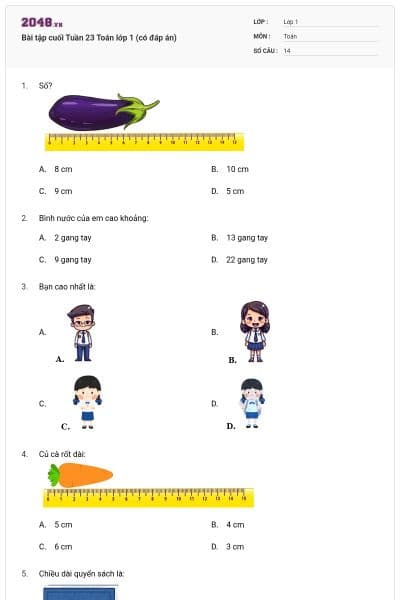 Bài tập cuối Tuần 23 Toán lớp 1 (có đáp án)