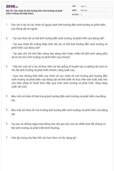 Bài 39: Các nhân tố ảnh hưởng đến sinh trưởng và phát triển ở động vật (tiếp theo)