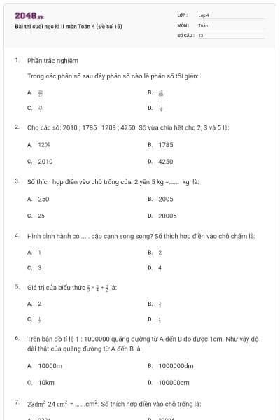Bài thi cuối học kì II môn Toán 4 (Đề số 15)