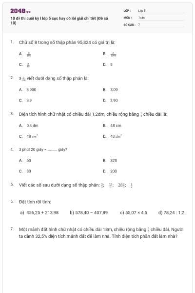 10 đề thi cuối kỳ I lớp 5 cực hay có lời giải chi tiết (Đề số 10)