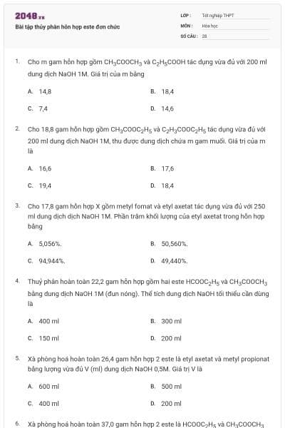 Bài tập thủy phân hỗn hợp este đơn chức