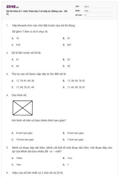 Đề thi Giữa kì 1 môn Toán lớp 2 có đáp án (Nâng cao - Đề 5)