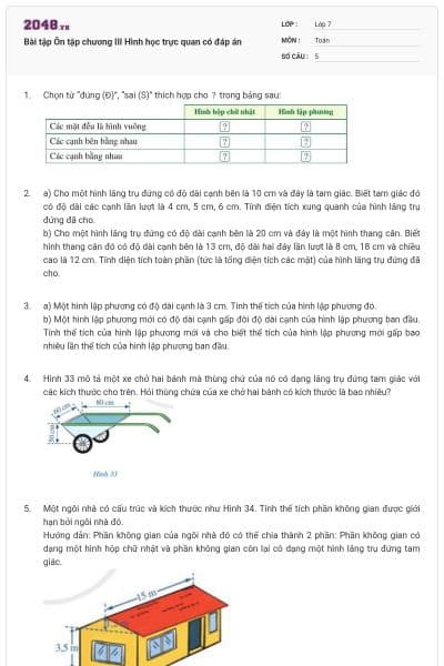 Bài tập Ôn tập chương III Hình học trực quan có đáp án