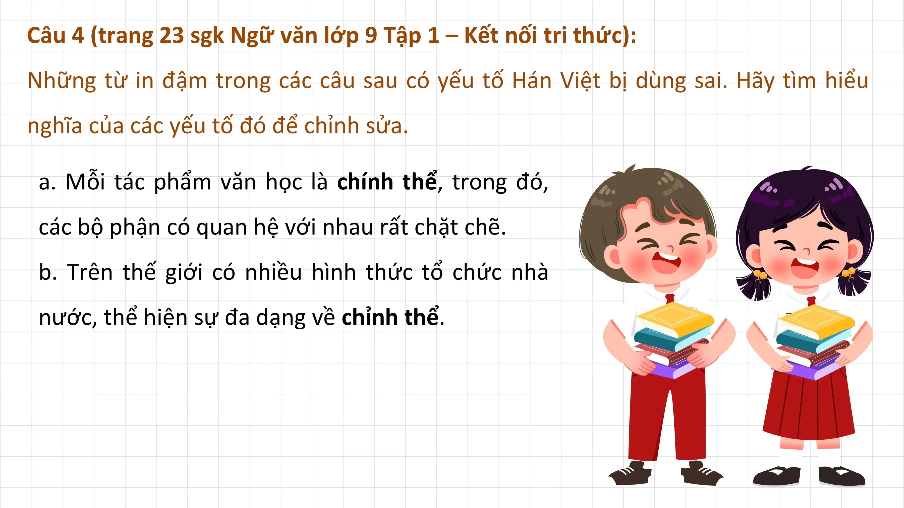 Câu 4 (trang 23 sgk Ngữ văn lớp 9 Tập 1 – Kết nối tri thức):
Những từ in đậm trong các câu sau có yếu tố Hán Việt bị dùng sai. Hãy tìm hiểu
nghĩa của các yếu tố đó để chỉnh sửa.

 a. Mỗi tác phẩm văn học là chính thể, trong đó,
 các bộ phận có quan hệ với nhau rất chặt chẽ.
 b. Trên thế giới có nhiều hình thức tổ chức nhà
 nước, thể hiện sự đa dạng về chỉnh thể.