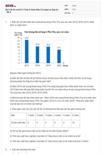 Bộ 5 đề thi cuối kì 2 Toán 8 Cánh diều (Tự luận) có đáp án - Đề 4