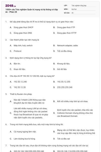 1000+ câu Trắc nghiệm Quản trị mạng và hệ thống có đáp án - Phần 28
