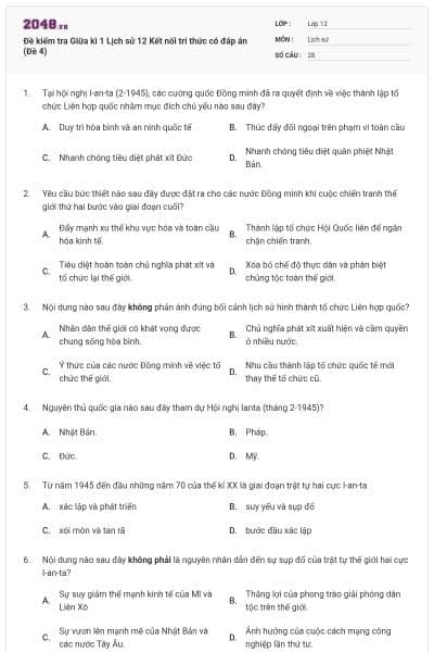 Đề kiểm tra Giữa kì 1 Lịch sử 12 Kết nối tri thức có đáp án (Đề 4)