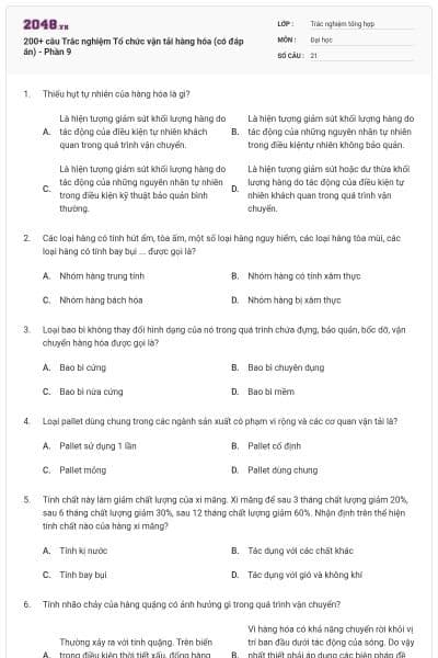 200+ câu Trắc nghiệm Tổ chức vận tải hàng hóa (có đáp án) - Phần 9