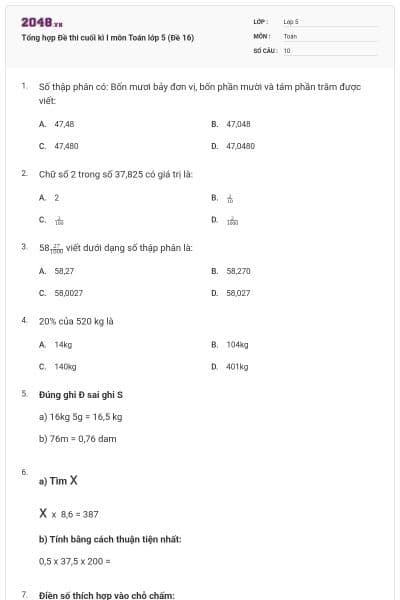 Tổng hợp Đề thi cuối kì I môn Toán lớp 5 (Đề 16)