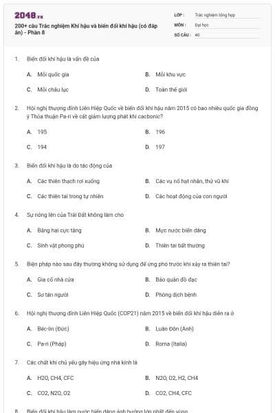 200+ câu Trắc nghiệm Khí hậu và biến đổi khí hậu (có đáp án) - Phần 8